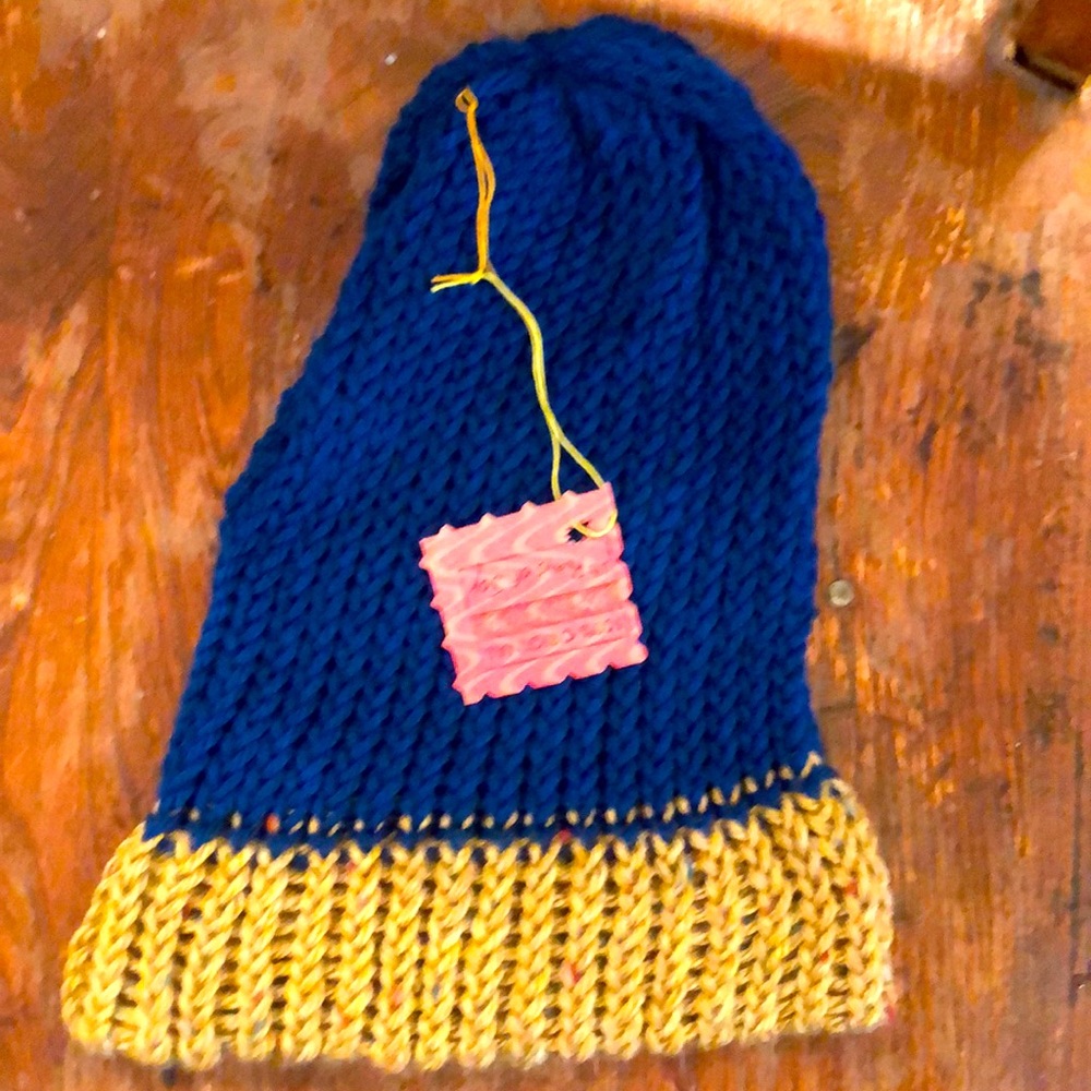 Handmade, New, Men’s Loom Knitted Winter Hat, Yarn, Tan, Blue, Thick Brim